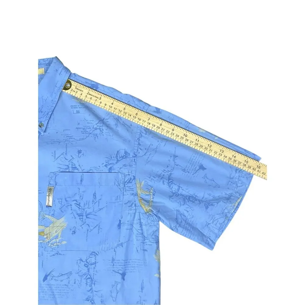 Columbia River Lodge Men’s S Blue Cotton Fishing Map Print Short Sleeve